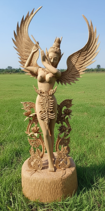 กินรี ไม้สักแกะสลัก รูปลอยตัว รับทำตามขนาด