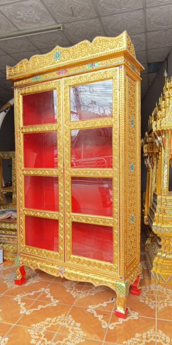 ตู้พระธรรม ตู้กระจกสีทอง ตู้โชว์ไม้สัก